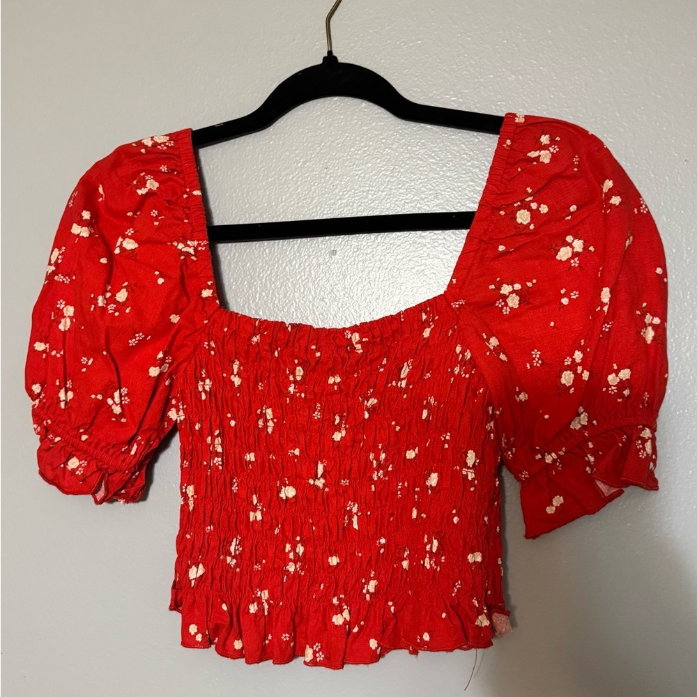 Altar'd State Red Floral Smocked Blouse